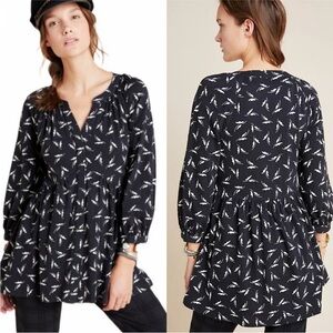 Anthropologie Maeve Winona Printed Babydoll Tunic Blouse - Women's Top Navy Med